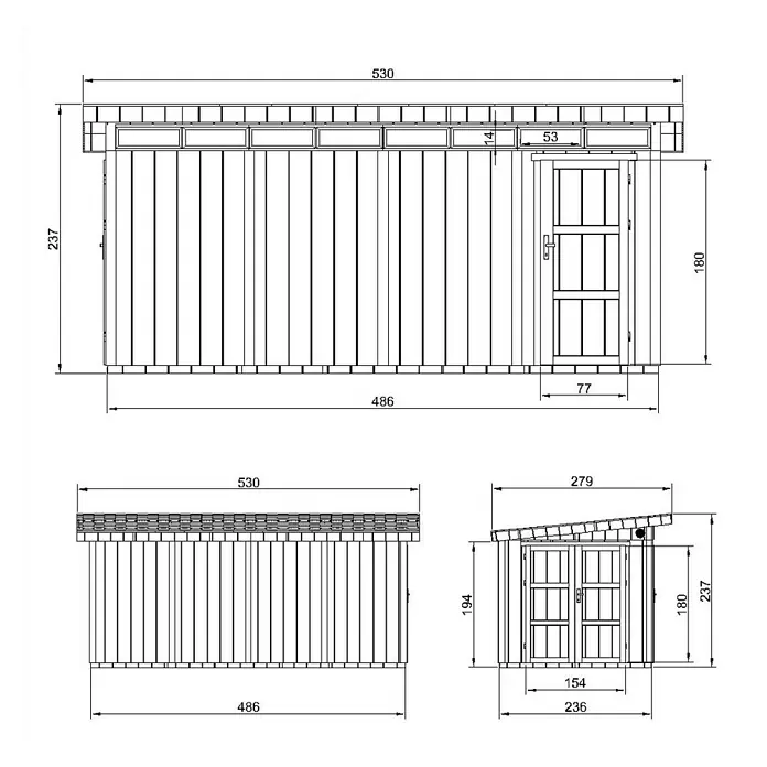 Timbela Gerätehaus M905C - Außenmaß inkl. Dachüberstand (B x T): 530 x 279 cm, Holz, Natur - Technische Zeichnung eines Gartenhauses mit Maßangaben zu Länge, Höhe und Breite für detaillierte Baupläne.