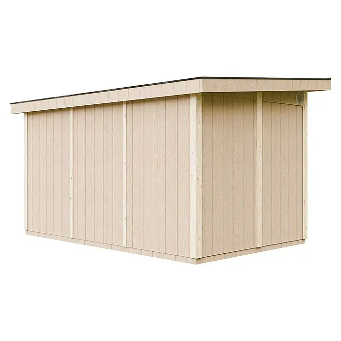 Timbela Gerätehaus M904A - Außenmaß inkl. Dachüberstand (B x T): 412 x 279 cm, Holz, Natur, Doppeltür - Diese Abbildung zeigt ein beigefarbenes Holzschuppen mit einem Pultdach, das sich ideal zur Aufbewahrung von Gartengeräten eignet.
