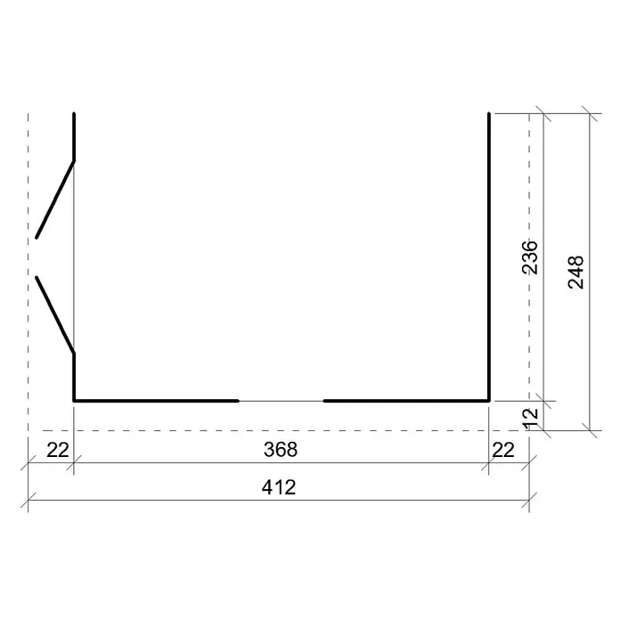 Timbela Gerätehaus M939B - Außenmaß inkl. Dachüberstand (B x T): 248 x 412 cm, Holz, Natur - Grundrisszeichnung eines Gebäudes mit detaillierten Maßangaben, inklusive Wandstärken und Gesamtabmessungen des Bauwerks.
