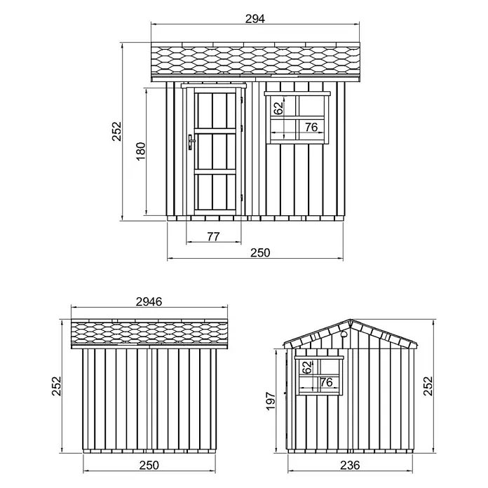 Timbela Gerätehaus M913 - Außenmaß inkl. Dachüberstand (B x T): 294 x 250 cm, Holz, Natur, Einzeltür - Die Abbildung zeigt eine detaillierte schematische Darstellung eines Gerätehauses mit Maßangaben.