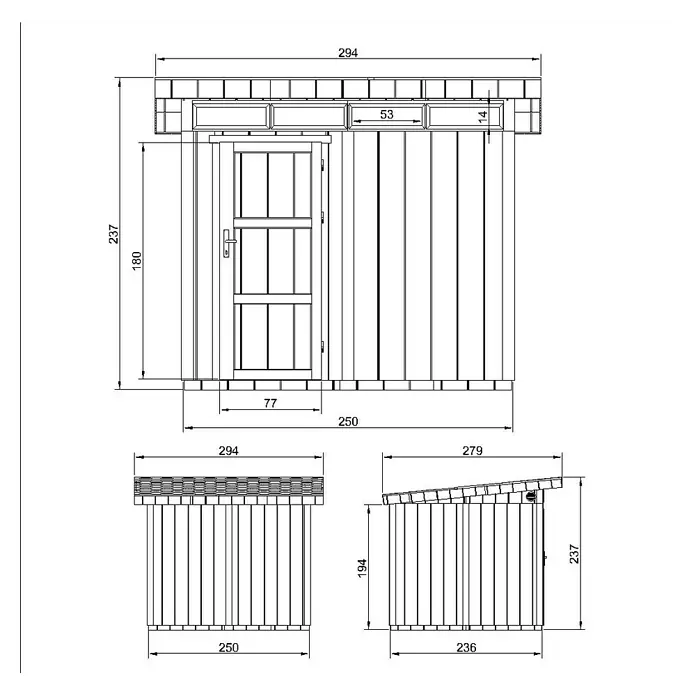 Timbela Gerätehaus M903 - Außenmaß inkl. Dachüberstand (B x T): 294 x 279 cm, Holz, Beige - Abbildung einer Gerätehütte mit Maßen, die die Struktur und Größe des Schuppens verdeutlichen.