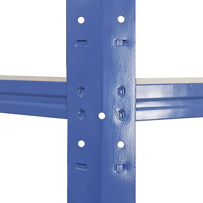 shelfplaza Schwerlastregal HOME - H x B x T: 180 x 70 x 40 cm, Traglast pro Boden: 175 kg, Stecken, blau - Detailaufnahme eines blauen Schwerlastregals mit Fokus auf die Lochstruktur und die stabile Bauweise.