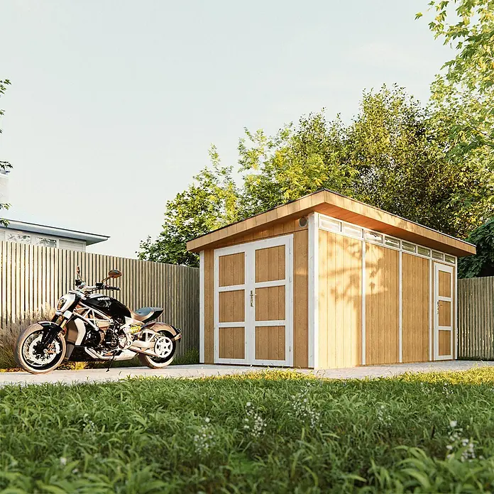 Timbela Gerätehaus M905C - Außenmaß inkl. Dachüberstand (B x T): 530 x 279 cm, Holz, Natur - Ein modernes Holzgartenhaus mit Doppeltür und seitlicher Tür neben einem Motorrad. Perfekt für die Aufbewahrung von Gartengeräten.
