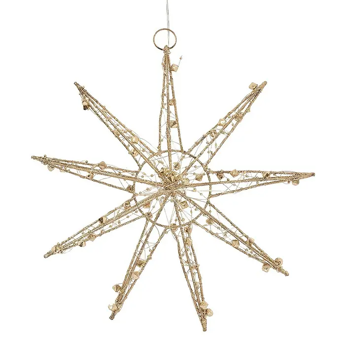 ECD Germany LED-Weihnachtsdekoleuchte Weihnachtsdeko Weihnachtsstern Dekostern für Weihnachten Schneeflocke - 5,5 x 30 x 32 cm, Weiß, Akkubetrieben, LED - Nahaufnahme eines goldenen, glitzernden Sternornaments mit filigranem Draht und dekorativen Perlen, ideal für festliche Dekorationen.
