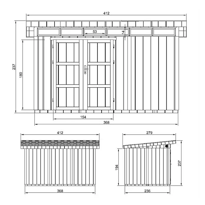 Timbela Gerätehaus M904A - Außenmaß inkl. Dachüberstand (B x T): 412 x 279 cm, Holz, Natur, Doppeltür - Technische Zeichnung eines Gartenhauses mit Maßen.