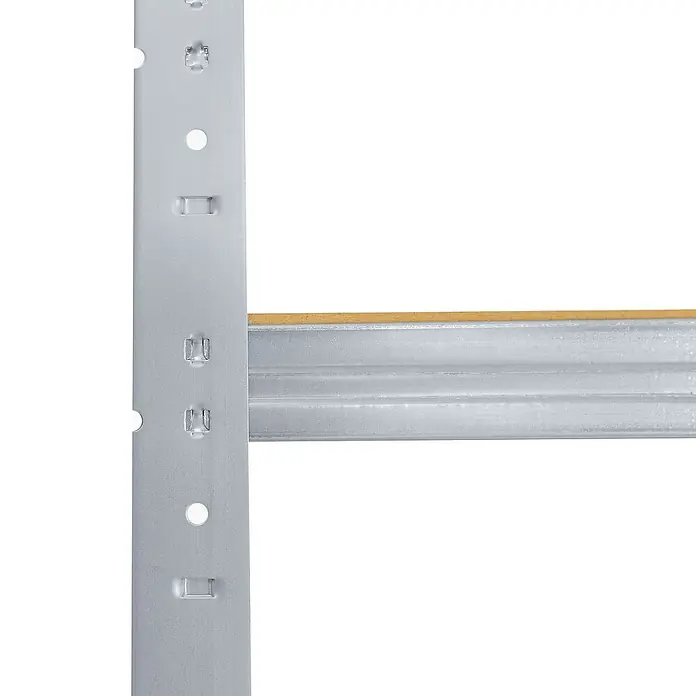 shelfplaza Schwerlastregal HOME - H x B x T: 190 x 100 x 60 cm, Traglast pro Boden: 175 kg, Stecken, verzinkt - Detailaufnahme eines Lagerregals mit Metallpfosten und Regalböden, ideal für die Organisation von Lagerflächen.