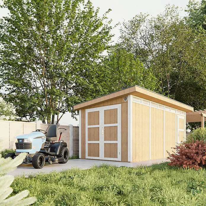 Timbela Gerätehaus M905C - Außenmaß inkl. Dachüberstand (B x T): 530 x 279 cm, Holz, Natur - Außenansicht eines Holzschuppens mit Doppeltüren und einem Aufsitzrasenmäher davor, umgeben von üppigem Grün.