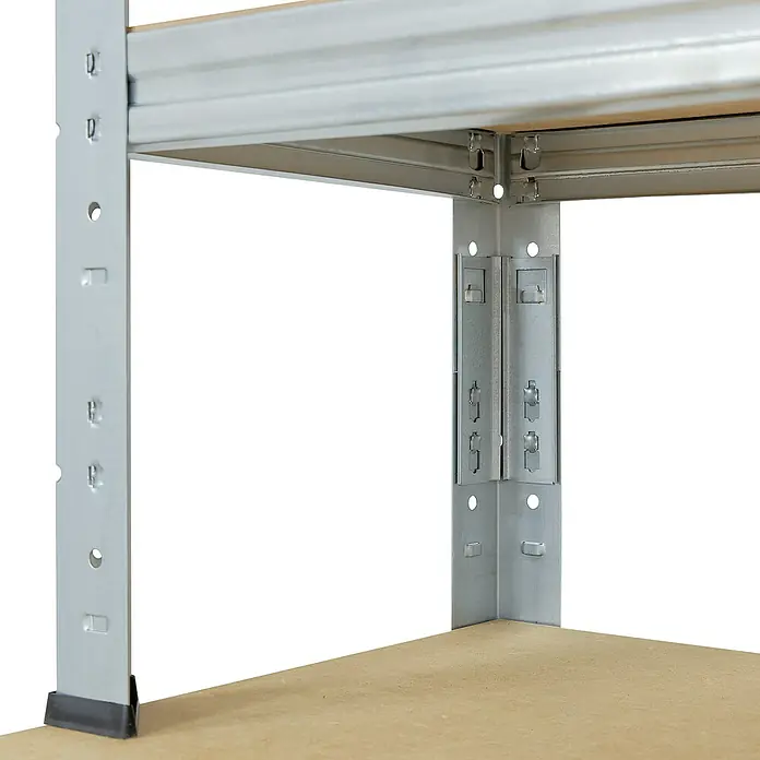 shelfplaza Schwerlastregal HOME - H x B x T: 190 x 100 x 60 cm, Traglast pro Boden: 175 kg, Stecken, verzinkt - Nahaufnahme eines robusten Metallregalsystems mit Holzregalen, das Stabilität und Funktionalität vereint.