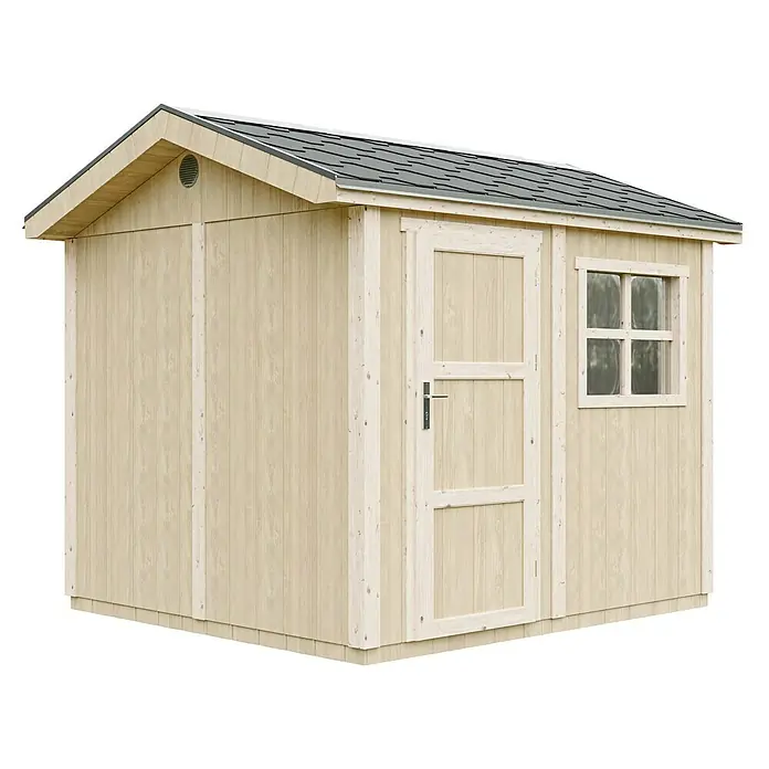 Timbela Gerätehaus M913 - Außenmaß inkl. Dachüberstand (B x T): 294 x 250 cm, Holz, Natur, Einzeltür - Ein helles Holzgartenhaus mit Tür, Fenster und grauem Ziegeldach, ideal für die Aufbewahrung von Gartengeräten und -möbeln.
