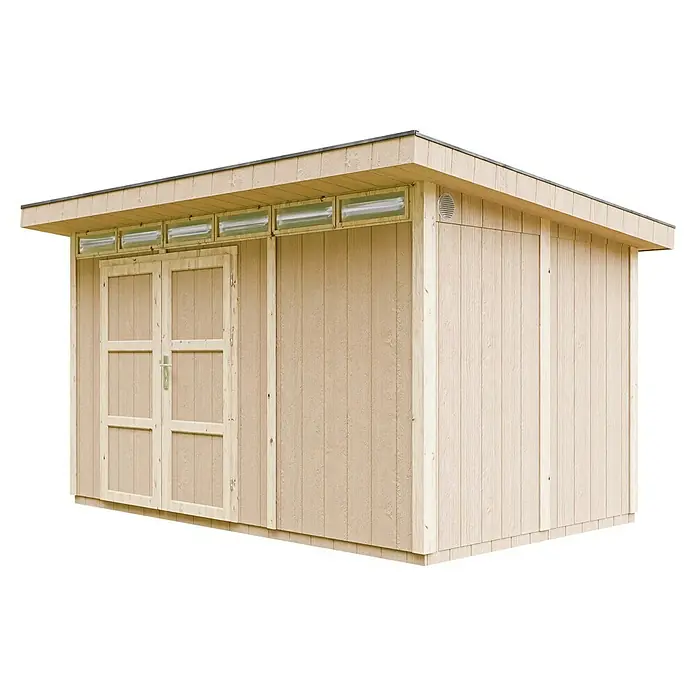 Timbela Gerätehaus M904A - Außenmaß inkl. Dachüberstand (B x T): 412 x 279 cm, Holz, Natur, Doppeltür - Ein Holzschuppen mit Doppeltüren und Oberlichtern unter dem schrägen Dach, ideal für Gartengeräte und Lagerung im Freien.