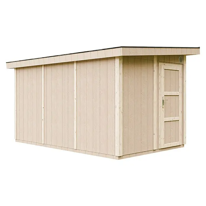 Timbela Gerätehaus M904 - Außenmaß inkl. Dachüberstand (B x T): 412 x 279 cm, Holz, Natur, Einzeltür - Bild eines hellbraunen Holzschuppens mit einem einzelnen Fenster und einer Tür. Das Holz ist mit vertikalen Brettern verkleidet.
