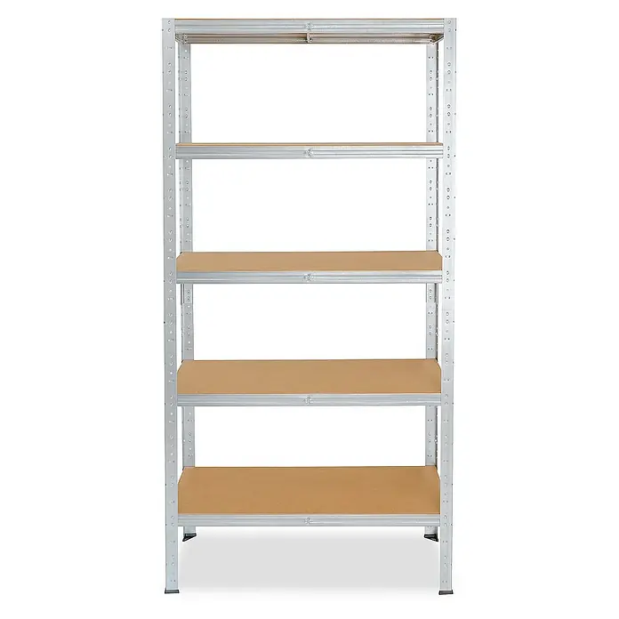 shelfplaza Schwerlastregal HOME - H x B x T: 180 x 80 x 60 cm, Traglast pro Boden: 175 kg, Stecken, verzinkt - Das Bild zeigt ein stabiles Metallregal mit fünf Holzböden, ideal für Lagerung in Garage, Keller oder Werkstatt. Das Regal bietet viel Stauraum und ist einfach zu montieren.