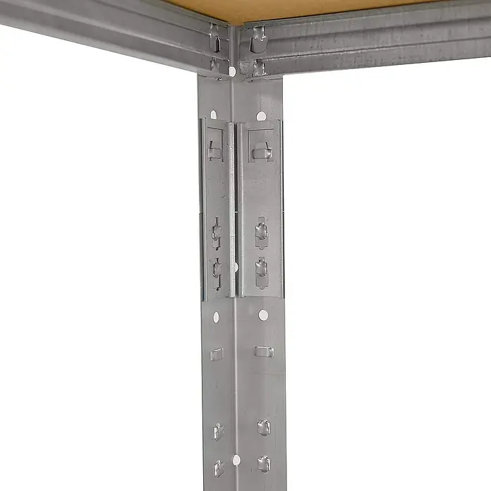 shelfplaza Schwerlastregal HOME - H x B x T: 180 x 80 x 60 cm, Traglast pro Boden: 175 kg, Stecken, verzinkt - Detailaufnahme eines Metallregals, das die robuste Konstruktion und die einfache Montage hervorhebt. Ideal für Lagerungslösungen.