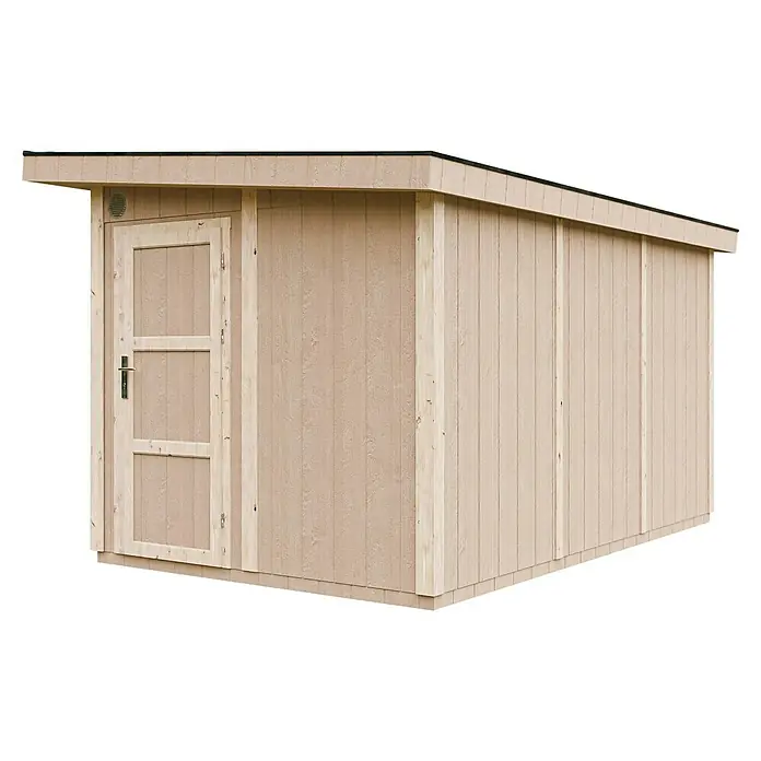 Timbela Gerätehaus M904 - Außenmaß inkl. Dachüberstand (B x T): 412 x 279 cm, Holz, Natur, Einzeltür - Ein helles Holzgartenhaus mit einer Tür und einem flachen Dach. Ideal zur Aufbewahrung von Gartengeräten und -möbeln.