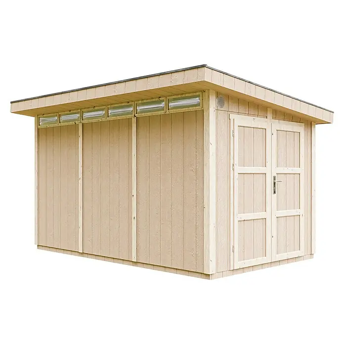 Timbela Gerätehaus M904A - Außenmaß inkl. Dachüberstand (B x T): 412 x 279 cm, Holz, Natur, Doppeltür - Ein helles Holzgartenhaus mit Doppeltür und Oberlichtern unter dem flachen Dach bietet Stauraum im Freien.