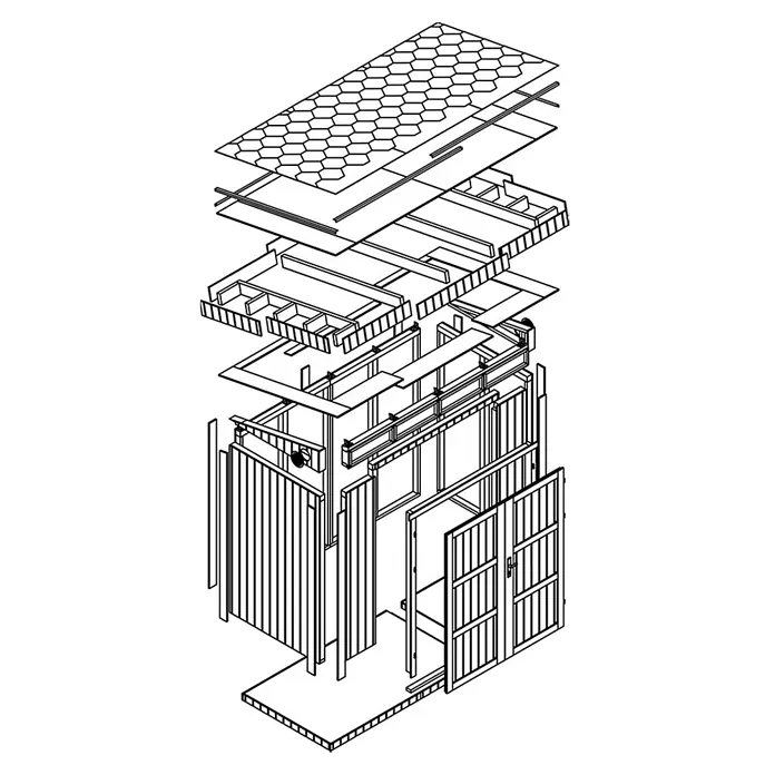 Timbela Gerätehaus M901A - Außenmaß inkl. Dachüberstand (B x T): 294 x 161 cm, Holz, Natur, Doppeltür - Exploded view eines Gartenhauses, die die verschiedenen Komponenten zeigt, wie z.B. Dach, Wände und Boden.
