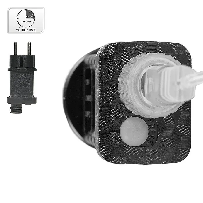 ECD Germany LED-Weihnachtsdekoleuchte Weihnachtsdeko Drahtstern Weihnachtsstern Dekostern für Weihnachten - 8 x 38 x 38 cm, Weiß, Netzbetrieben, LED - Nahaufnahme eines Adapters mit Zeitschaltuhr für Lichterketten mit 6 Stunden Ein- und 18 Stunden Ausschaltzyklus.