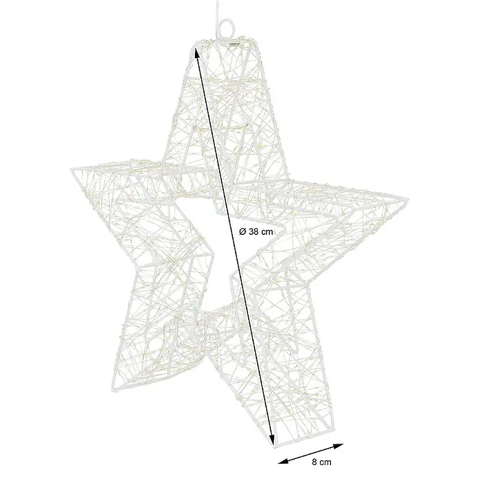 ECD Germany LED-Weihnachtsdekoleuchte Weihnachtsdeko Drahtstern Weihnachtsstern Dekostern für Weihnachten - 8 x 38 x 38 cm, Weiß, Netzbetrieben, LED - Sternförmige LED-Dekoration mit warmweißem Licht und einer Größe von 38 cm, ideal für die festliche Beleuchtung.