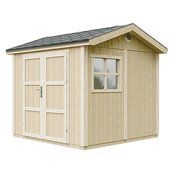 Timbela Gerätehaus M913A - Außenmaß inkl. Dachüberstand (B x T): 294 x 250 cm, Holz, Natur, Doppeltür - Eine Gartenhütte aus Holz mit Doppeltür und Fenster, ideal zur Aufbewahrung von Gartengeräten und -möbeln.