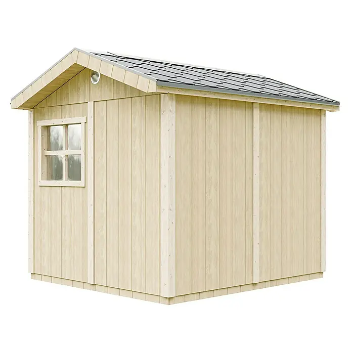 Timbela Gerätehaus M913 - Außenmaß inkl. Dachüberstand (B x T): 294 x 250 cm, Holz, Natur, Einzeltür - Ein geräumiges Gartenhaus aus Holz mit einem praktischen Fenster für zusätzlichen Komfort und Funktionalität im Außenbereich.