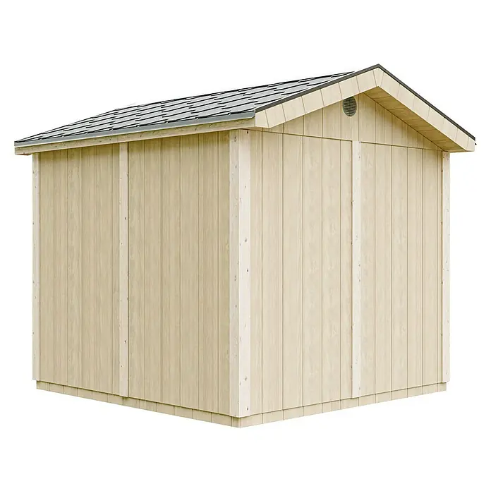 Timbela Gerätehaus M913 - Außenmaß inkl. Dachüberstand (B x T): 294 x 250 cm, Holz, Natur, Einzeltür - Ein helles Holzgartenhaus mit Satteldach und grauem Dach, ideal für die Gartenaufbewahrung und als Geräteschuppen.