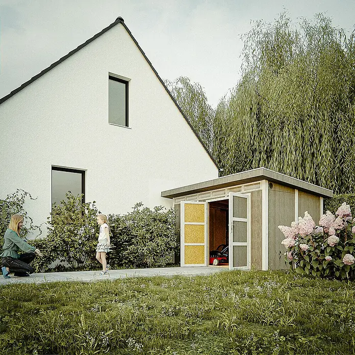 Timbela Gerätehaus M904A - Außenmaß inkl. Dachüberstand (B x T): 412 x 279 cm, Holz, Natur, Doppeltür - Gartenszene mit einem Holzschuppen mit geöffneten Türen, in dem ein rotes Spielzeugauto steht, und Menschen im Garten.