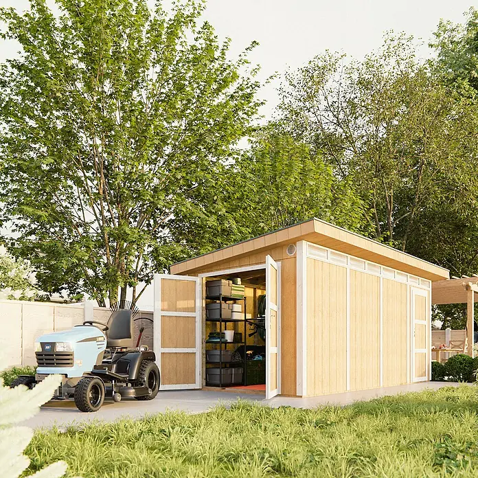 Timbela Gerätehaus M905C - Außenmaß inkl. Dachüberstand (B x T): 530 x 279 cm, Holz, Natur - Eine moderne Holzgartenhütte mit offenstehenden Türen, gefüllt mit Lagerbehältern und einem Rasenmäher im Vorgarten.