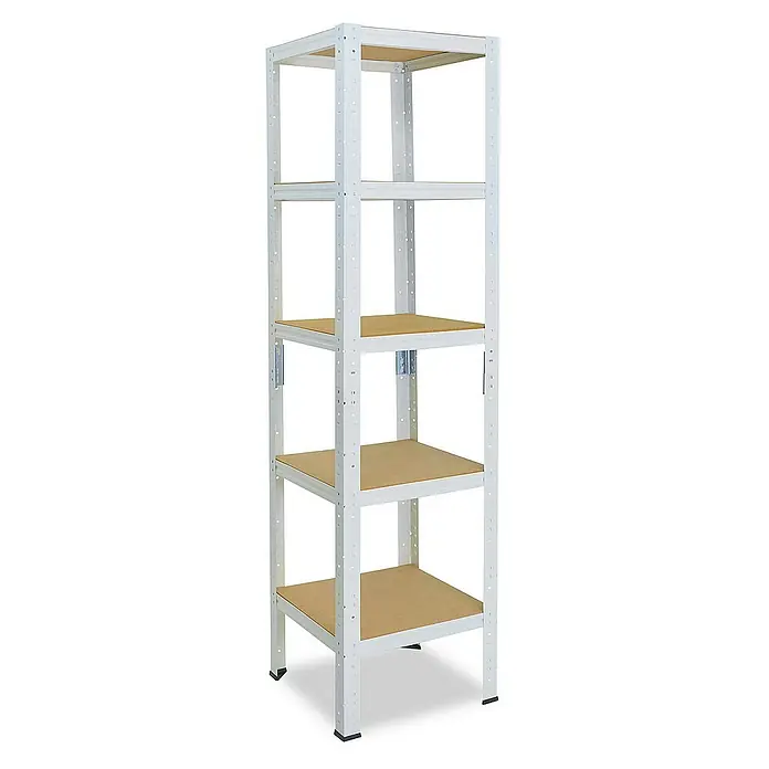 shelfplaza Schwerlastregal HOME - H x B x T: 200 x 50 x 50 cm, Traglast pro Boden: 175 kg, Stecken, weiß - Ein Regal mit fünf hellbraunen Einlegeböden und einem weißen Metallrahmen. Es bietet viel Stauraum.