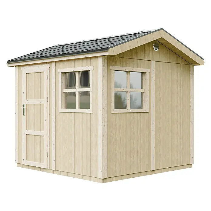Timbela Gerätehaus M913 - Außenmaß inkl. Dachüberstand (B x T): 294 x 250 cm, Holz, Natur, Einzeltür - Ein geräumiges Gartenhaus mit Doppelfenstern und einer Tür. Ideal für die Lagerung von Gartengeräten und mehr.