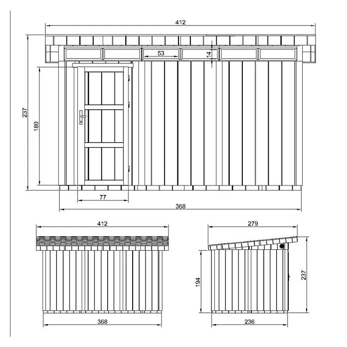 Timbela Gerätehaus M904 - Außenmaß inkl. Dachüberstand (B x T): 412 x 279 cm, Holz, Natur, Einzeltür - Abbildung eines Gartenhauses mit den Maßen 412 x 368 x 237 cm.