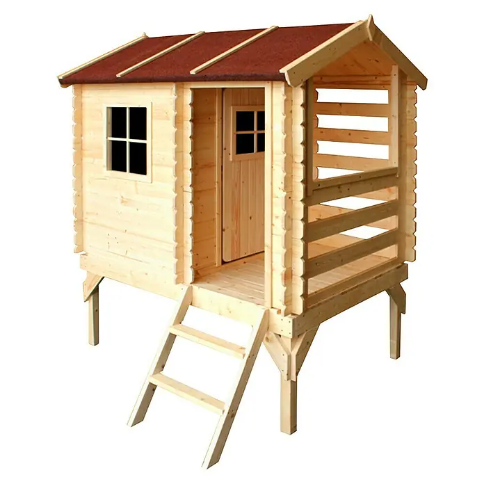 Timbela Spielhaus - L x B x H: 182 x 146 x 205 cm, Holz, Natur - Ein hölzernes Spielhaus mit rotem Dach, einer Leiter und einem kleinen Fenster. Ideal für Kinder zum Spielen im Garten.