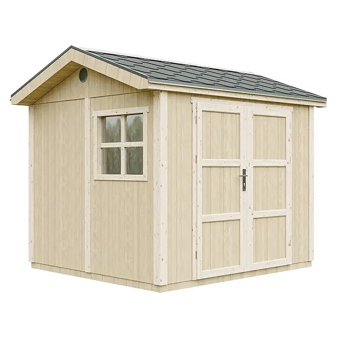 Timbela Gerätehaus M913A - Außenmaß inkl. Dachüberstand (B x T): 294 x 250 cm, Holz, Natur, Doppeltür - Ein hellbeige Gartenhaus mit Doppeltür und einem Fenster. Das Dach ist mit grauen Dachziegeln gedeckt.