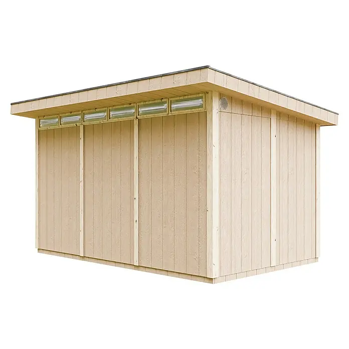 Timbela Gerätehaus M904A - Außenmaß inkl. Dachüberstand (B x T): 412 x 279 cm, Holz, Natur, Doppeltür - Holzschuppen mit schrägem Dach und Oberlichtern. Ideal für die Gartenaufbewahrung, bietet der Schuppen robusten und stilvollen Stauraum im Freien.