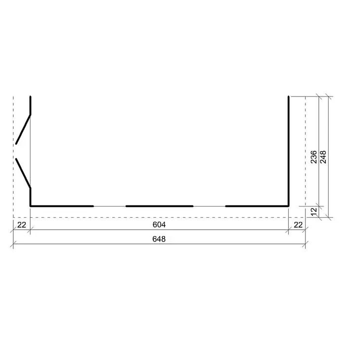 Timbela Gerätehaus M941B - Außenmaß inkl. Dachüberstand (B x T): 248 x 648 cm, Holz, Natur - Grundrisszeichnung eines Holzhauses mit Maßen. Die Zeichnung zeigt die Abmessungen des Hauses und die Position der Fenster.