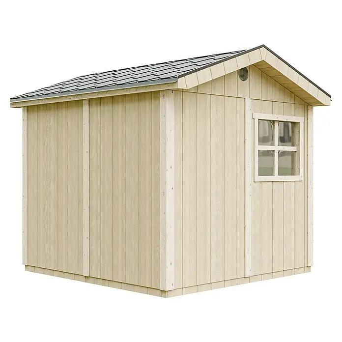Timbela Gerätehaus M913A - Außenmaß inkl. Dachüberstand (B x T): 294 x 250 cm, Holz, Natur, Doppeltür - Gartenschuppen aus Holz mit Fenster und grauem Dach, ideal zur Aufbewahrung von Gartengeräten und Werkzeugen im Außenbereich.