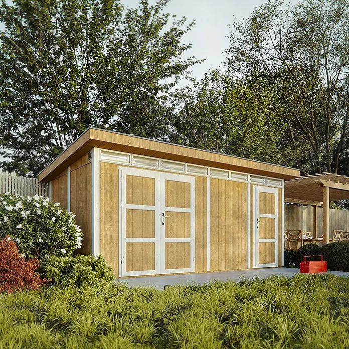 Timbela Gerätehaus M905C - Außenmaß inkl. Dachüberstand (B x T): 530 x 279 cm, Holz, Natur - Abbildung eines modernen Gartenschuppens mit Holztüren, der sich perfekt für die Aufbewahrung im Freien eignet, mit natürlicher Holzverkleidung.