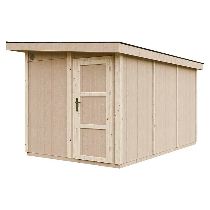 Timbela Gerätehaus M904 - Außenmaß inkl. Dachüberstand (B x T): 412 x 279 cm, Holz, Natur, Einzeltür - Eine Detailansicht eines beigen Holzschuppens mit einer Tür in der Mitte. Der Schuppen hat ein schlichtes, modernes Design mit vertikalen Holzpaneelen.