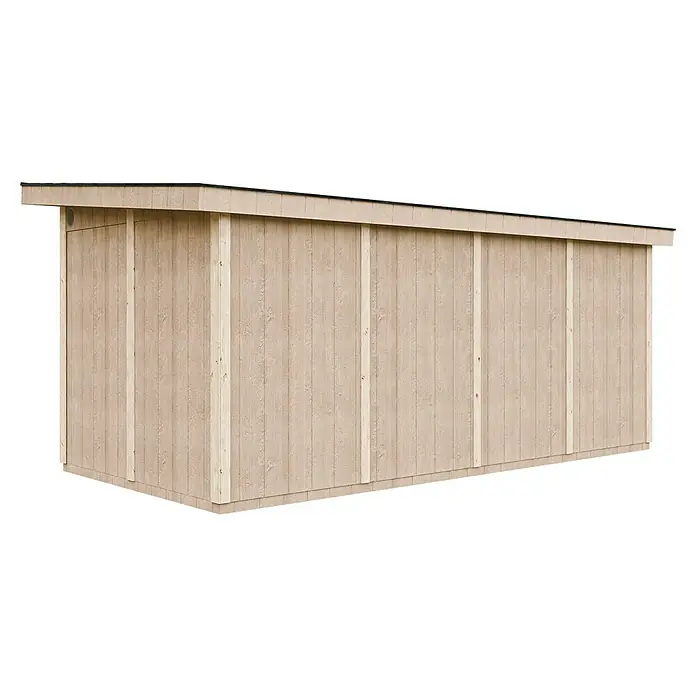 Timbela Gerätehaus M905C - Außenmaß inkl. Dachüberstand (B x T): 530 x 279 cm, Holz, Natur - Bild eines Holzschuppens mit Schrägdach, der mit vertikalen Brettern und hellen Holzleisten verkleidet ist.