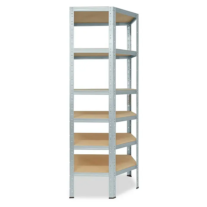 shelfplaza Schwerlastregal HOME - H x B x T: 230 x 60 x 30 cm, Traglast pro Boden: 175 kg, Stecken, verzinkt - Ein blau-graues Metallregal mit Holzregalböden. Ideal für Lagerung und Organisation, bietet es vielseitigen Stauraum.