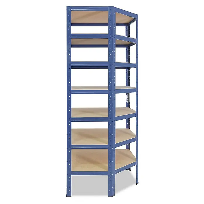 shelfplaza Schwerlastregal HOME - H x B x T: 230 x 60 x 30 cm, Traglast pro Boden: 175 kg, Stecken, blau - Ein blaues Eckregal mit Holzregalböden, ideal zur Eckenausnutzung und platzsparenden Aufbewahrung von Gegenständen.