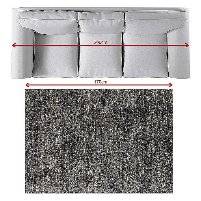 Dekoria Flachgewebeteppich - grau, 170 x 120 cm - Abbildung eines grauen Teppichs unter einem weißen Sofa mit Größenangaben.