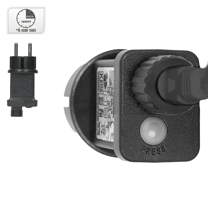 ECD Germany LED-Weihnachtsdekoleuchte Weihnachtsdeko Drahtstern Weihnachtsstern Dekostern für Weihnachten - 8 x 38 x 38 cm, Schwarz, Netzbetrieben, LED - Nahaufnahme eines schwarzen Timers für Weihnachtsbeleuchtung mit einer 6-Stunden-Ein-/18-Stunden-Aus-Funktion und einer Drucktaste.