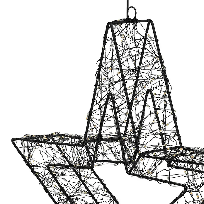 ECD Germany LED-Weihnachtsdekoleuchte Weihnachtsdeko Drahtstern Weihnachtsstern Dekostern für Weihnachten - 8 x 38 x 38 cm, Schwarz, Netzbetrieben, LED - Detailaufnahme eines schwarzen Sterns mit kleinen Lichtern. Ideale Dekoration für festliche Anlässe, die eine warme Atmosphäre schafft.