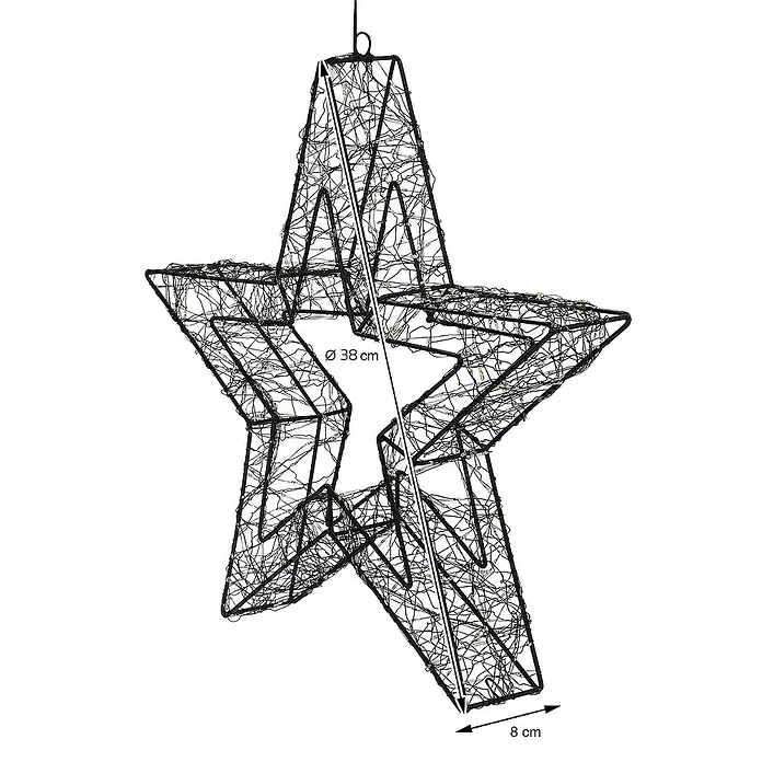 ECD Germany LED-Weihnachtsdekoleuchte Weihnachtsdeko Drahtstern Weihnachtsstern Dekostern für Weihnachten - 8 x 38 x 38 cm, Schwarz, Netzbetrieben, LED - Dekorative Sternleuchte mit filigranem Drahtdesign und warmweißen Lichtern, ideal für festliche Beleuchtung.