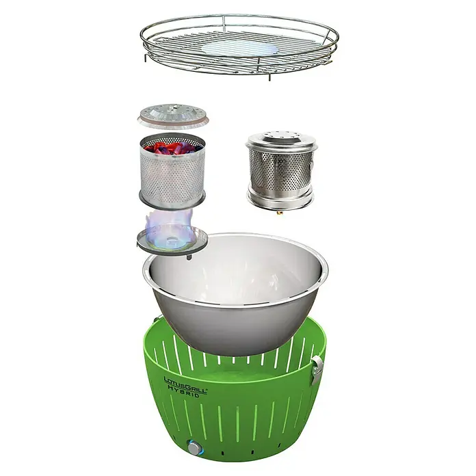 LotusGrill Hybrid-Grill Classic - Durchmesser Grillfläche: 32 cm, Anzahl Brenner: 1 Stk., Pflaumenlila - Eine LotusGrill Hybrid Grillansicht, die seine verschiedenen Komponenten hervorhebt. Grillrost, Holzkohlebehälter und Schale sind zu sehen.