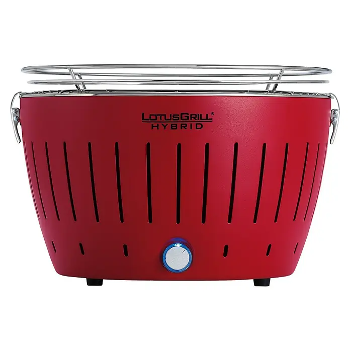 LotusGrill Hybrid-Grill Classic - Durchmesser Grillfläche: 32 cm, Anzahl Brenner: 1 Stk., Feuerrot - Roter Lotusgrill Hybrid mit silbernem Grillrost und Lüftungsschlitz-Design. Kompakter, raucharmer Grill für vielseitige Nutzung im Freien.