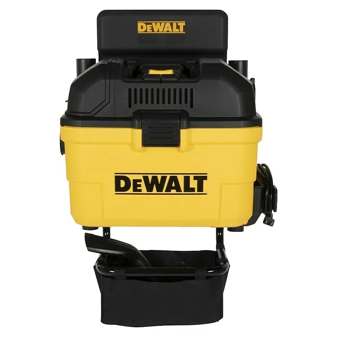DeWalt Elektro-Nass- & Trockensauger DXV23G - 230 W, Behältervolumen: 23 l - Bild eines gelb-schwarzen DeWalt-Nass-/Trockensaugers mit Werkzeugaufbewahrungssystem. Solide Konstruktion für eine zuverlässige Reinigungsleistung.