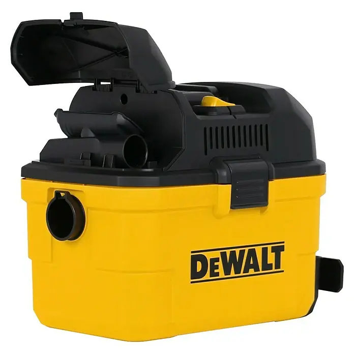 DeWalt Elektro-Nass- & Trockensauger DXV23G - 230 W, Behältervolumen: 23 l - Abbildung eines gelben und schwarzen Dewalt Akku-Staubsaugers. Ideal für Baustellen und Werkstätten, bietet er kabellose Flexibilität.