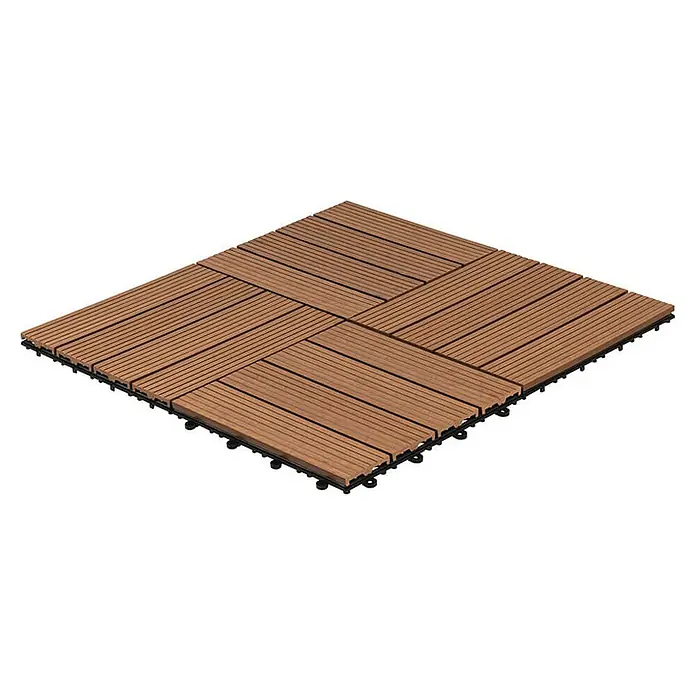 Home Deluxe Terrassenfliese BAVARO 9m² - Hellbraun, Matt - Quadratische Terrassenfliesen aus Holzverbundwerkstoff mit braunen Dielen auf einem schwarzen Kunststoffgitter für den Außenbereich.