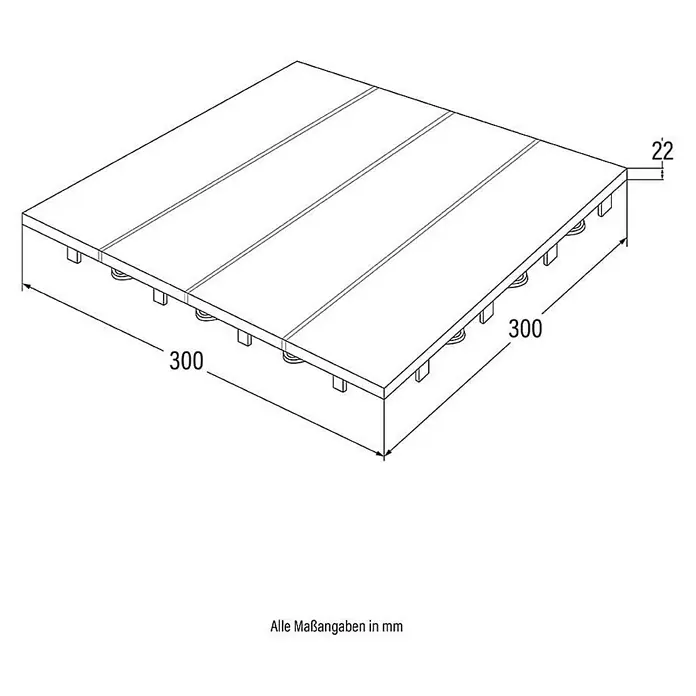 Home Deluxe Terrassenfliese BAVARO 9m² - Hellbraun, Matt - Abbildung einer quadratischen Holzfliese mit den Maßen 300 x 300 mm und einer Dicke von 22 mm.